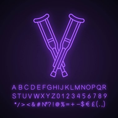 Aksiler koltuk değneği neon ışığı simgesi. Koltuk altı koltuk değneği. Hareketlilik yardım. Alfabe, sayı ve sembol parlayan işaretiyle. İzole vektör çizim