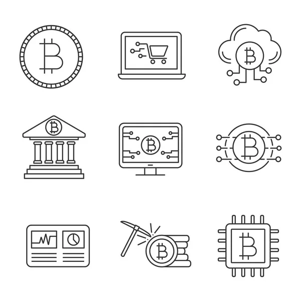 Bitcoin Cryptocurrency Linear Icons Set Coin Online Shopping Cloud Mining — Stock Vector