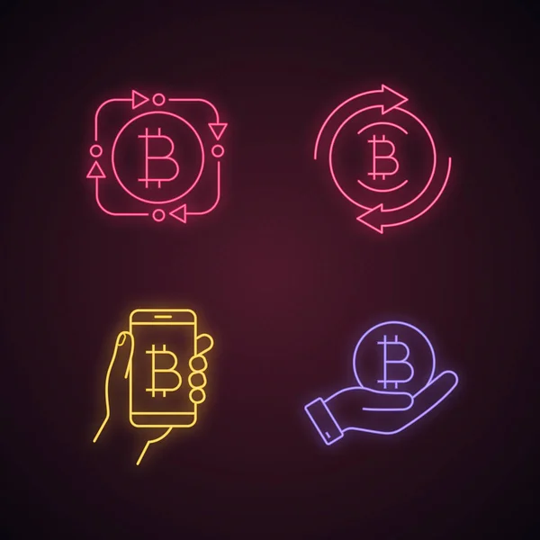 Bitcoin Cryptocurrency Neon Light Icons Set Fintech Bitcoin Refund Digital — Stock Vector