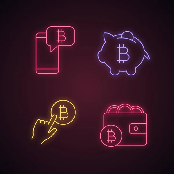 Bitcoin Cryptocurrency Neon Fény Ikonok Beállítása Bitcoin Chat Malacka Bank — Stock Vector