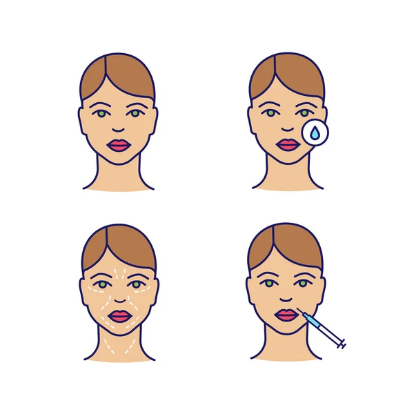 神経毒注入色アイコン セット 女性の顔 メイク除去 模倣のしわ 唇の注入 分離ベクトル イラスト — ストックベクタ