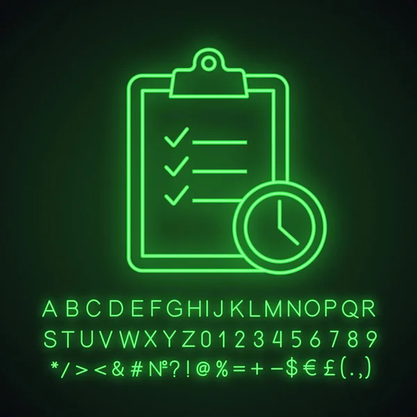 Beheer Neon Licht Tijdpictogram Glowing Teken Met Alfabet Cijfers Symbolen — Stockvector