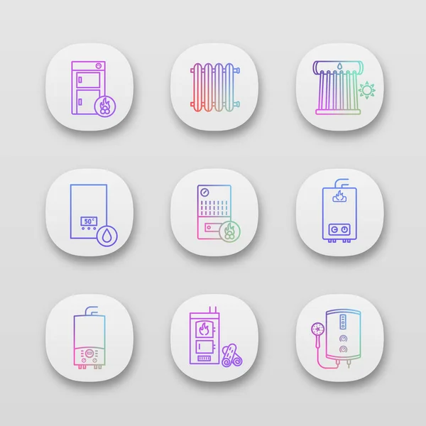 Σετ Εικονίδια App Θέρμανσης Λέβητες Θερμαντικά Σώματα Θερμοσίφωνες Φυσικό Αέριο — Διανυσματικό Αρχείο