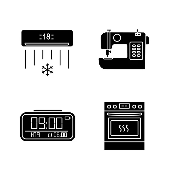 Glyphen Symbole Für Haushaltsgeräte Gesetzt Klimaanlage Nähmaschine Digitaluhr Küchenherd Silhouettensymbole — Stockvektor