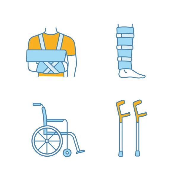 Trauma Treatment Color Icons Set Shoulder Immobilizer Shin Brace Wheelchair — Stock Vector