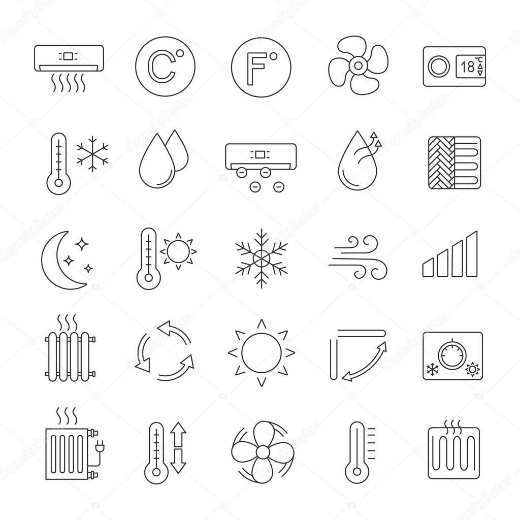 Air conditioning linear icons set. Thin line contour symbols. Air heating, humidification, ionization, ventilation. Climate control. Isolated vector outline illustrations. Editable stroke