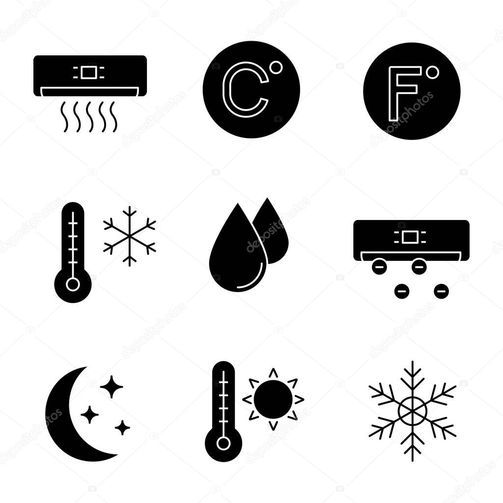 Air conditioning glyph icons set. Conditioner, Celsius, Fahrenheit, winter and summer temperature, water drop, ionizer, night mode, snowflake. Silhouette symbols. Vector isolated illustration