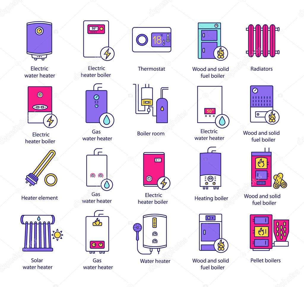 Heating color icons set. Boilers, radiators, thermostat. Gas, electric, solid fuel, pellet, solar boilers. Commercial, industrial and domestic central heating systems. Isolated vector illustrations