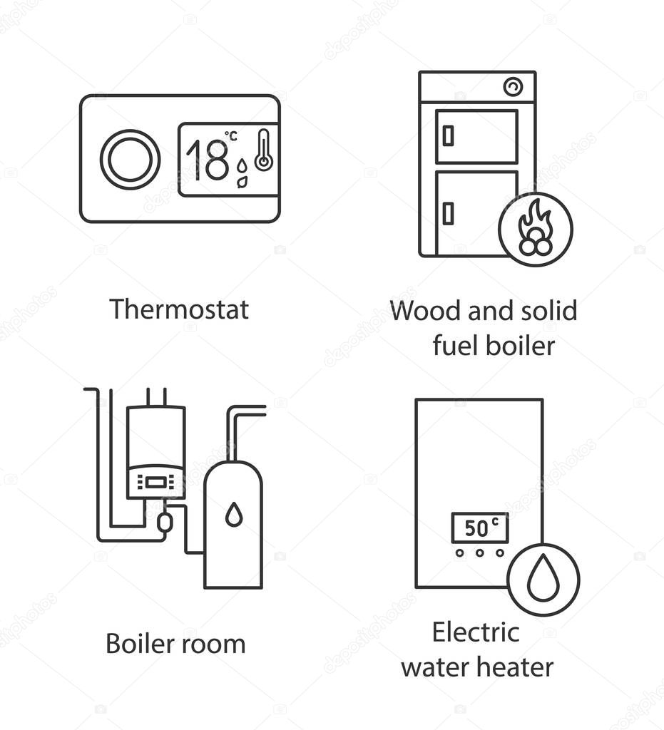 Heating linear icons set. Digital thermostat, solid fuel boiler, boiler room, electric water heater. Thin line contour symbols. Isolated vector outline illustrations. Editable stroke