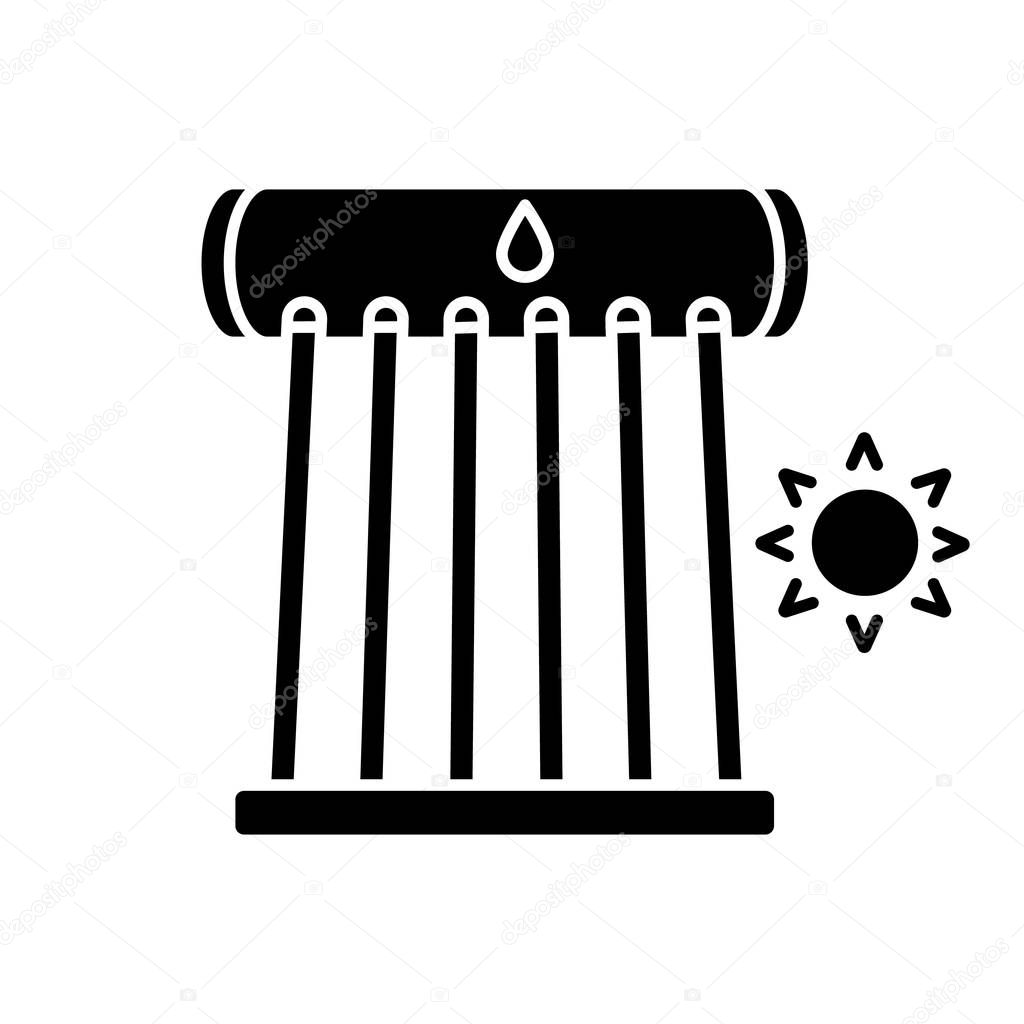 Industrial solar water heater glyph icon. Solar collector tubes and water tank. Eco water heating system. Silhouette symbol. Negative space. Vector isolated illustration