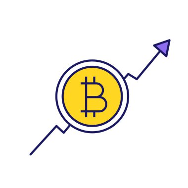 Bitcoin Pazar büyüme grafik renk simgesi. Yükselen Cryptocurrency fiyatları. Bitcoin işareti ile istatistik diyagramı. İzole vektör çizim