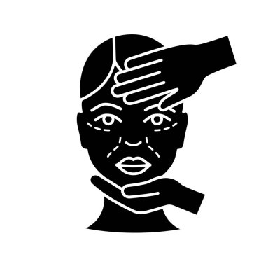 Güzellik uzmanı muayene glif simgesi. Kozmetik. Kozmetik prosedür. Nörotoksin enjeksiyon hazırlık. Estetik Tıp. Siluet simge. Negatif alan. İzole vektör çizim