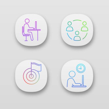 İş yönetimi uygulaması simgeler kümesi. Uzak iş, ekip çalışması, başarı, çalışma saatleri. UI/Ux Kullanıcı arabirimi. Web ya da mobil uygulamalar. İzole vektör çizimler