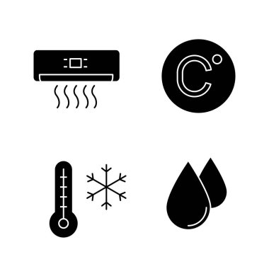Klima glif simgeler kümesi. Klima, santigrat derece, kış sıcaklık, nemlendirme. Siluet simgeler. İzole vektör çizim