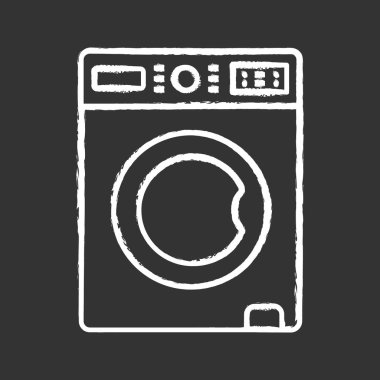 Çamaşır makinesi tebeşir simgesi. Çamaşır makinesi. Çamaşır makinesi. Ev aleti. İzole vektör kara tahta çizim