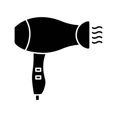 Saç kurutma makinesi glif simgesi. Siluet simge. Otel odası, güzellik salonu saç kurutma. Negatif alan. İzole vektör çizim