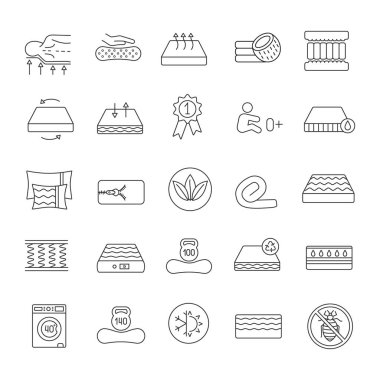 Yatak doğrusal Icons set. Lateks, innerspring ve bellek köpük şilte. Yatak takımları, antialerjik nefes alabilen, ekolojik, anatomik, su geçirmez. İzole vektör anahat çizimler. Düzenlenebilir kontur