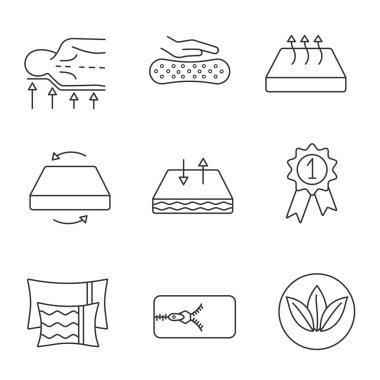 Yatak doğrusal Icons set. Ortopedik, madalya lateks, nefes alabilen, Çift sezon, kaldırma örtmek, yastıklar ve Ödülü ile ekolojik yatak. İzole vektör anahat çizimler. Düzenlenebilir kontur