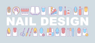 Tasarım kelime kavramları afiş çivi. Manikür, pedikür hizmet. Tırnak salonu. Tipografi fikir doğrusal simgeleri ile harfler izole. Vektör anahat çizim