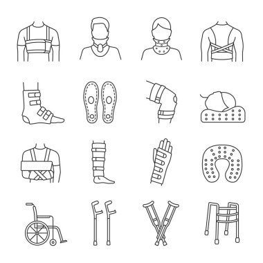Travma tedavi doğrusal Icons set. Ortopedik ekipman. Diş telleri ve sargılar, koltuk değneği. Yaralanmalar, bacakları ve kolları kurtarma kırık. Hareketlilik yardım. İzole vektör anahat çizimler. Düzenlenebilir kontur