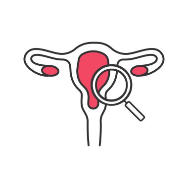 Jinekolojik muayene renk simgesi. Kadın üreme sistemi muayene. Kadın hastalıkları. Uterus, fallop tüpleri ve vajina büyüteç ile. Kadın sağlığı. İzole vektör çizim
