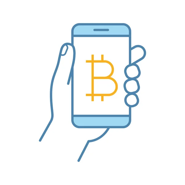 Bitcoin Digital Wallet Color Icon Payment Cryptocurrency Hand Holding Smartphone — Stock Vector