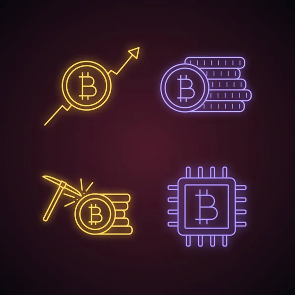 Bitcoin Crypto Monnaie Lumière Néon Icônes Ensemble Graphique Croissance Marché — Image vectorielle