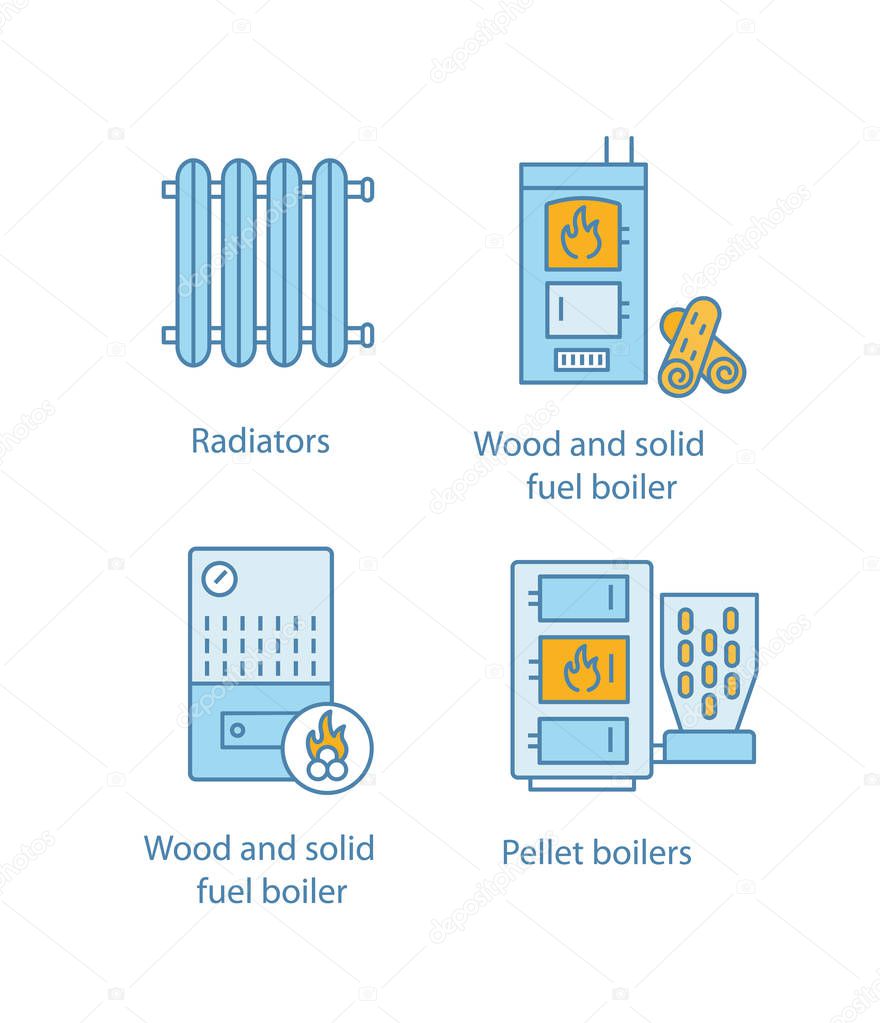 Heating color icons set. Radiator, firewood and pellet boiler, solid fuel heater. Isolated vector illustrations