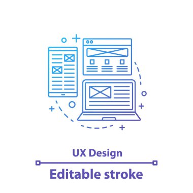 UX tasarım kavramı simgesi. Uygulama geliştirme. Web Tasarım fikir ince hat illüstrasyon. Web arayüzü. İzole anahat çizim vektör. Düzenlenebilir kontur