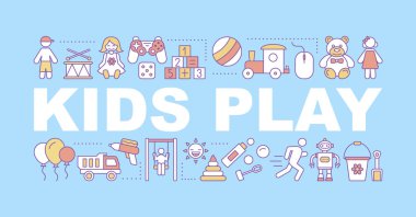 Çocuklar oyuncak kelime kavramları afiş. Öğrenmek ve oynamak. Çocuk eğlence. Eğitsel oyunlar. Tipografi fikir doğrusal simgeleri ile harfler izole. Vektör anahat çizim