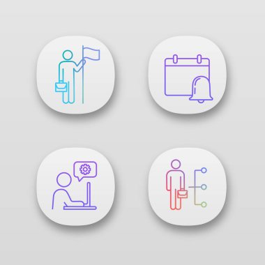 İş yönetimi uygulaması simgeler kümesi. UI/Ux Kullanıcı arabirimi. Başarı, uyarı mektubu, teknik destek, çalışan becerileri. Web ya da mobil uygulamalar. İzole vektör çizimler