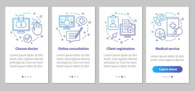 Doğrusal kavramları ile tıbbi hizmet onboarding mobil uygulaması sayfa ekran. Doktor online istişareler adımları grafik yönergeleri. 