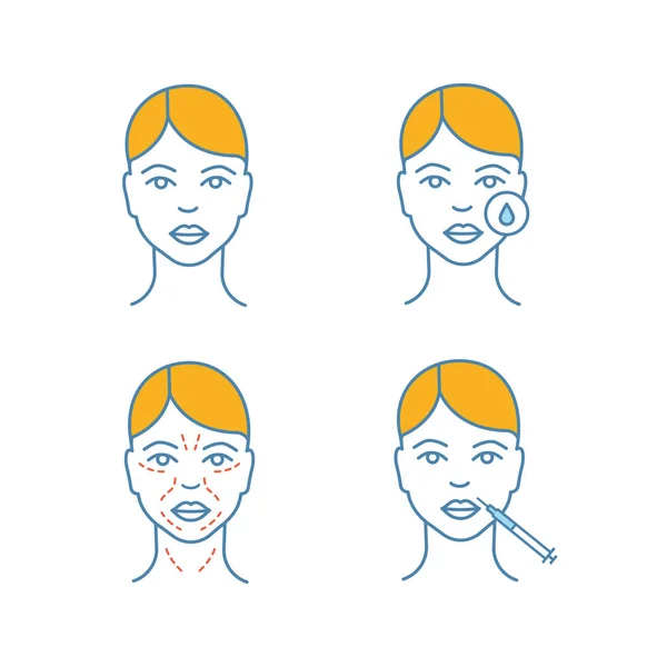 神経毒注入色アイコン セット 女性の顔 メイク除去 模倣のしわ 唇の注入 — ストックベクタ