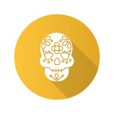 Gün ölü düz tasarım uzun gölge glif simgesi. Çiçek süsleme ile kafatası. Ekim 31. Dia de Muertos. Vektör siluet çizimi