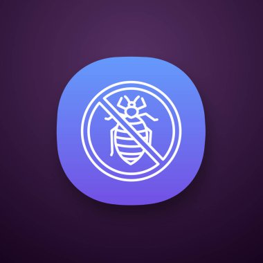 Yatak böcek ve toz mite işareti app simgesi durdurun. Antibakteriyel ve antialerjik malzeme. Yatak böcek anti mite yatak koruyucu toz. Böcek kovucu. UI/Ux Kullanıcı arabirimi. İzole vektör çizim