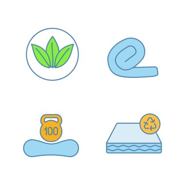 Ortopedik yatak renk simgeler kümesi. Ekolojik, geri dönüştürülebilir ve yeniden kullanılabilir özellik, ağırlık limiti, yatak olarak springless topla. İzole vektör çizimler