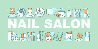 Salon kelime kavramları afiş çivi. Manikür, pedikür Hizmetleri. Tırnak cilası, aletleri. Manikürcü. Tipografi fikir doğrusal simgeleri ile harfler izole. Vektör anahat çizim