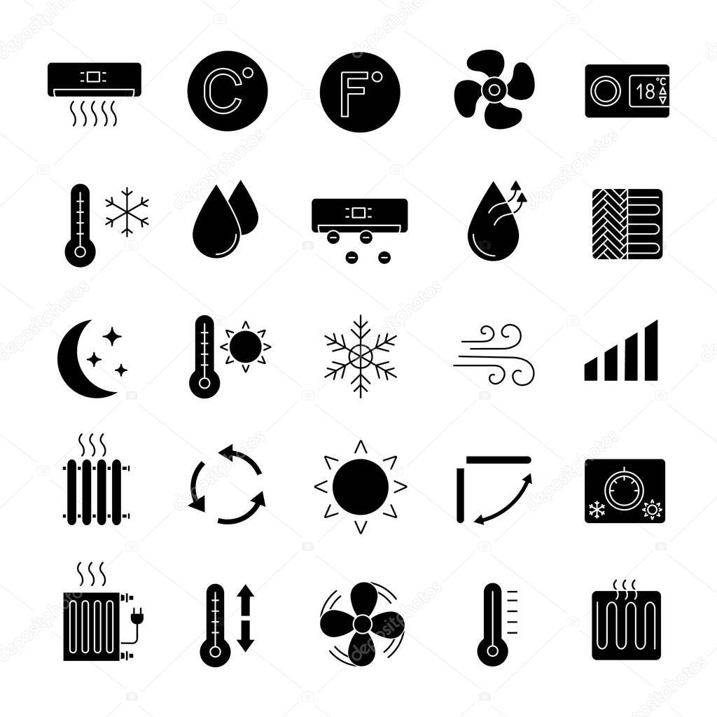 Air conditioning glyph icons set. Air heating, humidification, ionization, ventilation. Climate control. Silhouette symbols. Vector isolated illustration