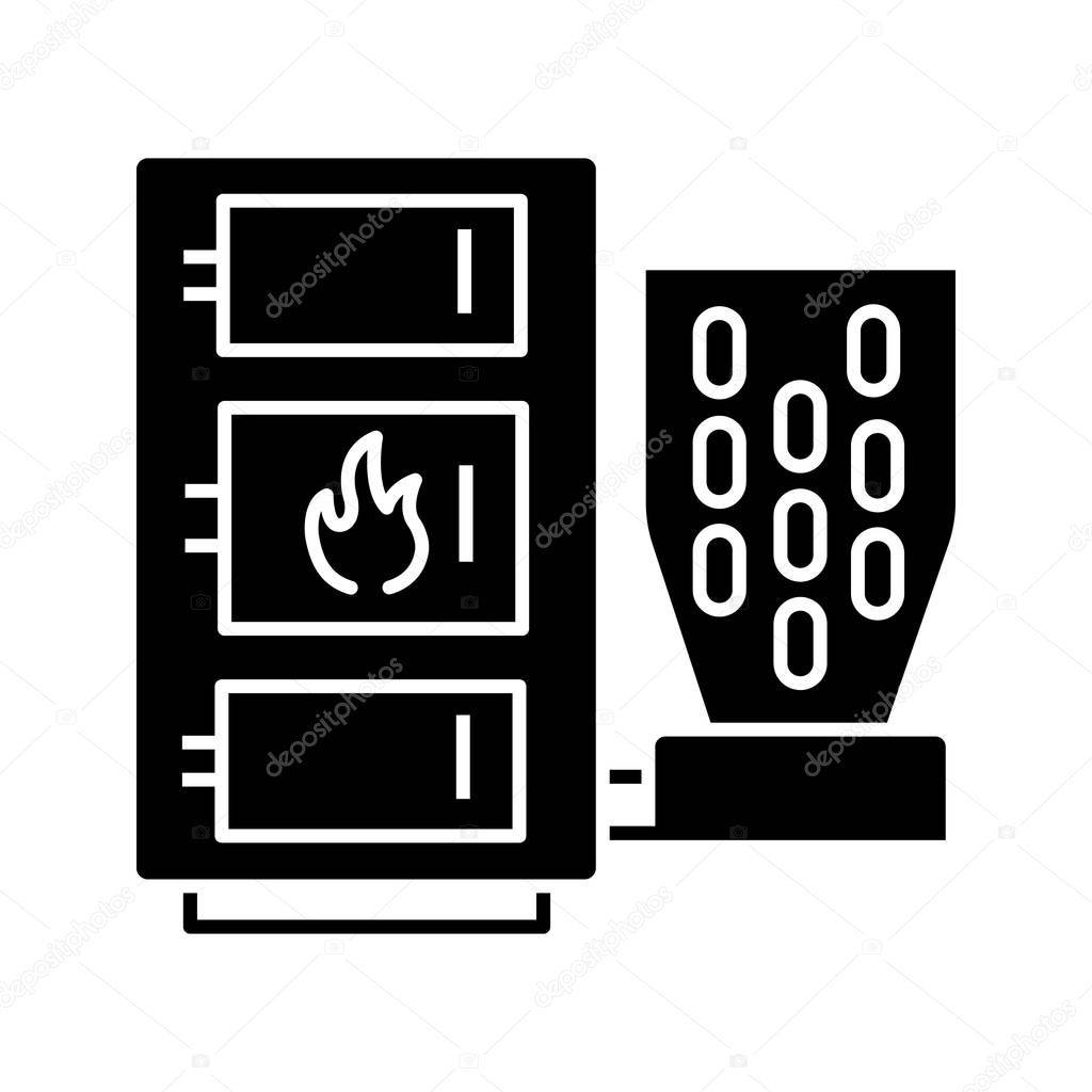 Pellet boiler glyph icon. Central heating system. Solid fuel boiler. Pellet burner system with three chambers. Silhouette symbol. Negative space. Vector isolated illustration