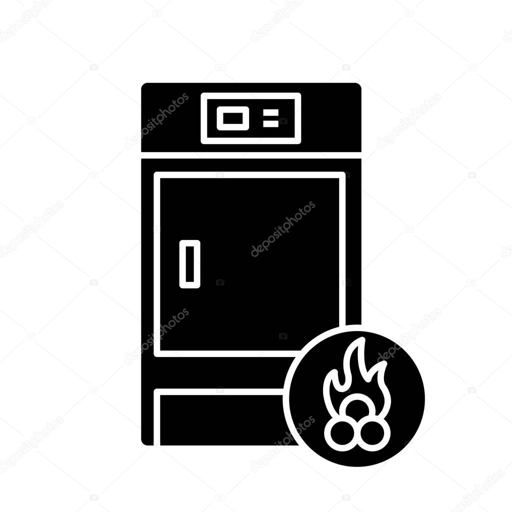 Solid fuel boiler glyph icon. Silhouette symbol. House central heater. Firewood boiler. Heating system. Negative space. Vector isolated illustration