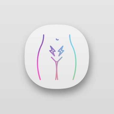 Adet krampları ve ağrı app simgesi. Alt karın akut ağrı kadınlarda. Strangury. Kısırlık. Rahim, yumurtalık hastalıkları. UI/Ux Kullanıcı arabirimi. Web ya da mobil uygulama. İzole vektör çizim