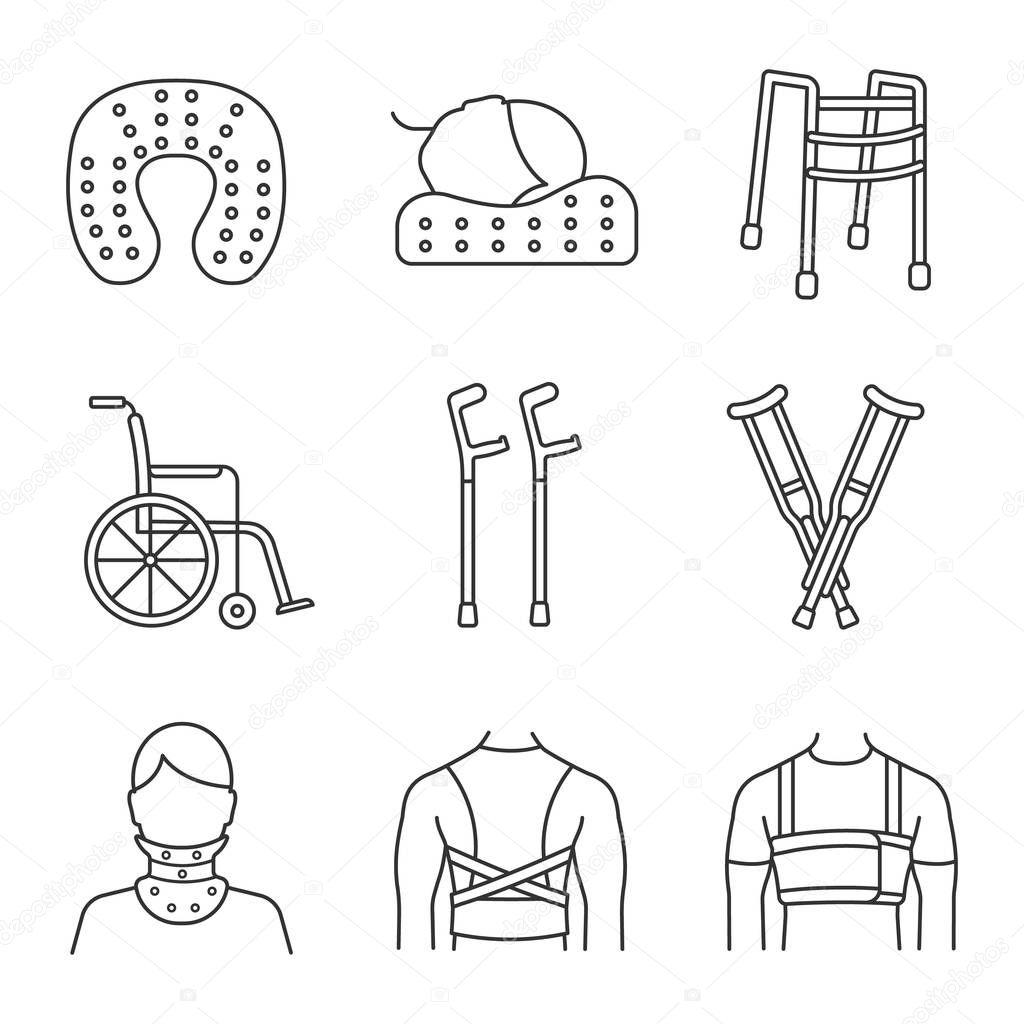 Trauma treatment linear icons set. Posture corrector, neck pillow, wheelchair, axillary, elbow crutches, cervical collar, walker, rib belt.