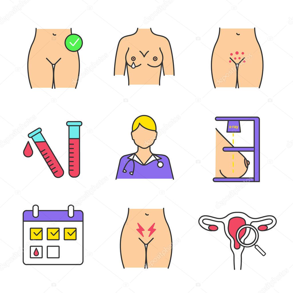 Gynecology color icons set. Menstruation calendar, nipple discharge, lab test, genital rash, doctor, mammography, exam, menstrual pain, womens health. 