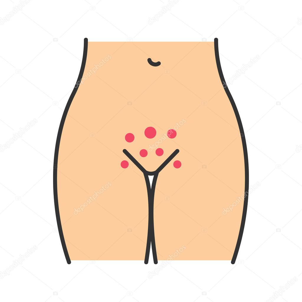 Genital rash color icon. Vaginal itching. Venereal disease symptom. Gynecological infectious disorder. Genital dermatitis, sores. Bikini zone dry and sensitive skin. Isolated vector illustration