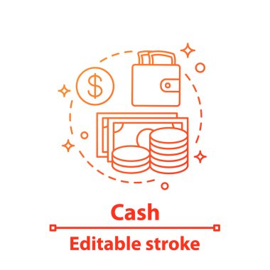 Para kavramı simge. Para. Tasarruf fikir ince hat illüstrasyon. Banknot, sikke ve m-cüzdan. İzole anahat çizim vektör. Düzenlenebilir kontur