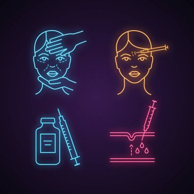 Nörotoksin enjeksiyon neon ışığı simgesi. Güzellik uzmanı sınav, şırınga ve flakon, alnına Subkutan Enjeksiyon. 