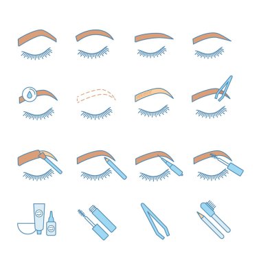 Kaşları renk Icons set şekillendirme. Kaşları microblading ve dövme prosedür. Kaşları kalıcı makyaj. Kaşları renklendirme. İzole vektör çizimler