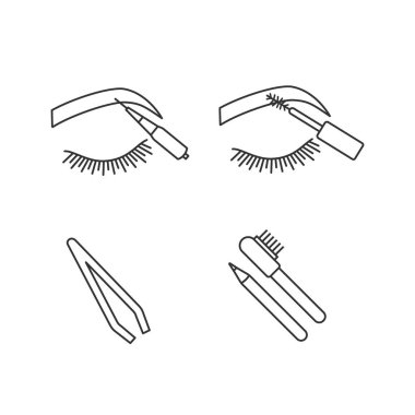 Doğrusal Icons set şekillendirme kaşlar. Kaşları microblading, maskara, kozmetik cımbız, kalem ve fırça şekillendirme kaşları. İnce çizgi kontur sembolleri. Vektör anahat illüstrasyon izole. Düzenlenebilir kontur