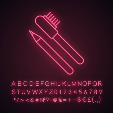 Fırça neon ışığı simgesi ile kaş kalemler. Makyaj kalem. Kaşları makyaj ve şekillendirme. Alfabe, sayı ve sembol parlayan işaretiyle. İzole vektör çizim