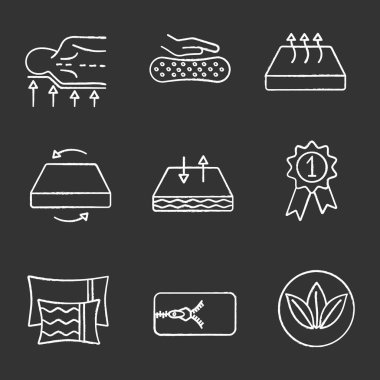 Mattress chalk icons set. Orthopedic, latex, breathable, dual season, ecological mattress with removable cover, pillows and award medal. Isolated vector chalkboard illustrations clipart